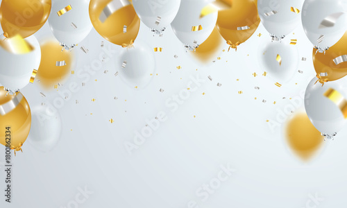Festive celebration background featuring 3d helium shiny balloons with ribbons and falling confetti. For party, event promotions, holiday celebrations, New Year, christmas, birthday, congratulations.