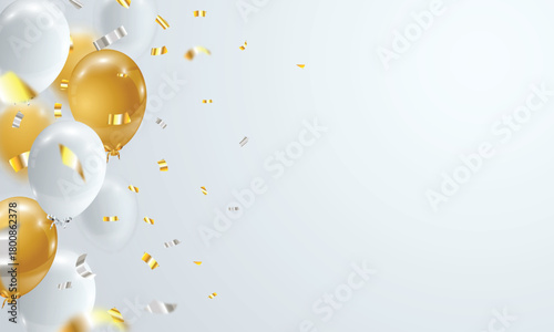 Festive celebration background featuring 3d helium shiny balloons with ribbons and falling confetti. For party, event promotions, holiday celebrations, New Year, christmas, birthday, congratulations.