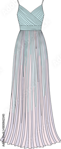Elegant Gradient Evening Dress Vector Illustration Featuring Blue to Pink Pleated Skirt, Crisscross Bodice, and Formal Fashion Design Concept