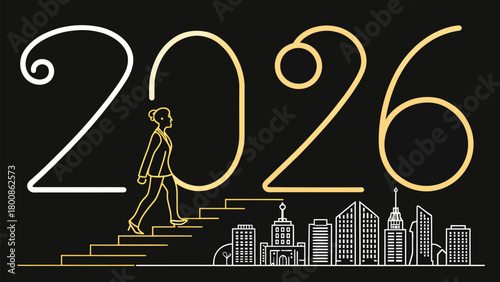 Modern 2026 vision with confident businesswoman climbing steps to success over city skyline, symbolizing ambition and future growth, originally vector graphic