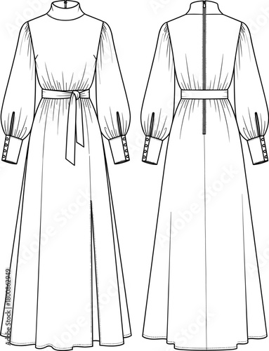 Elegant long-sleeve maxi dress flat sketch with high neckline, waist tie belt, cuff details, flowing silhouette, technical fashion illustration, apparel design
