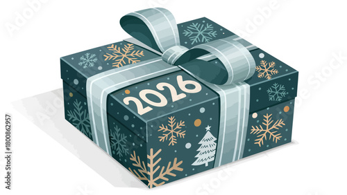Festive 2026 Holiday Gift Box with Ribbon and Snowflakes, a Symbol of Future Celebrations and Joyful Anticipation, Ready to Unbox the New Year