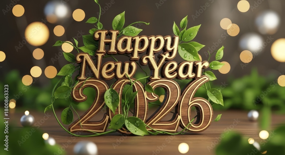 Naklejka premium Wooden Happy New Year Decoration with Leaves - A festive Happy New Year display for 2026 with wood and leaves symbolizing growth, nature, hope, new beginnings, and celebration