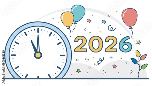 Countdown to a dazzling 2026 new year celebration with festive balloons, confetti, and a stylish clock striking twelve, ready for joyous, modern designs