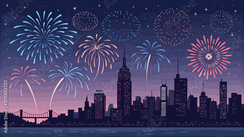 Celebrate New Year's Eve with this vibrant city skyline and dazzling fireworks display, perfect for greeting cards, invitations, and event promotions