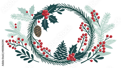 Festive holiday wreath with pine cones and red berries conveys warmth, perfect for seasonal greetings, invitations, and winter promotions with a natural touch