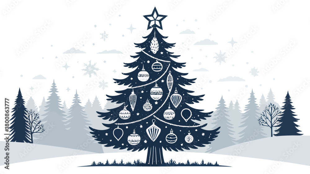Obraz premium Celebrate the festive season with this charming Christmas tree amidst a snowy forest landscape, perfect for holiday cards, invitations, and seasonal designs.