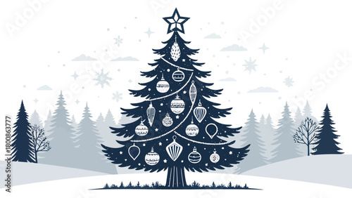 Celebrate the festive season with this charming Christmas tree amidst a snowy forest landscape, perfect for holiday cards, invitations, and seasonal designs.