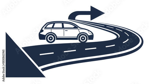 Stylish car navigates winding road with directional arrow, symbolizing travel, adventure, and the journey to success with a sense of freedom and direction