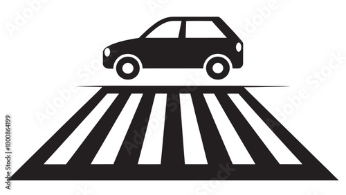 Simple car icon crossing street for use in wayfinding, signage, or mapping applications, originally a scalable vector graphic, easily resized, perfect for web
