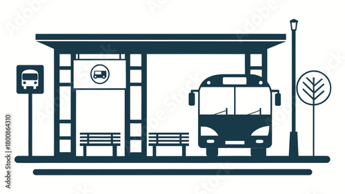 Modern bus stop illustration with bench, streetlight, and signage, perfect for urban planning, transportation, or city design presentations, originally a scalable vector graphic