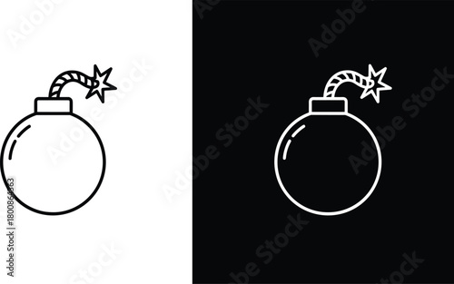 Round bomb icon with burning fuse, explosive danger warning symbol, minimalistic black and white vector illustration for alert, caution, or hazard concept design