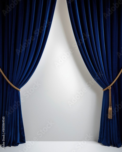 Luxurious blue velvet stage curtains opening to reveal a bright white backdrop ready for a