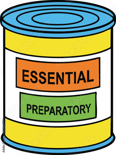 Yellow Tin Can With Blue Lid And Base Featuring Orange Essential And Green Preparatory Labels