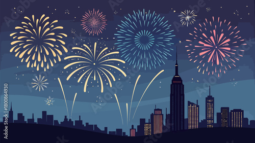 Celebrate New Year's Eve with a stunning fireworks display over the city skyline, capturing the excitement and joy of the holiday season with vibrant colors