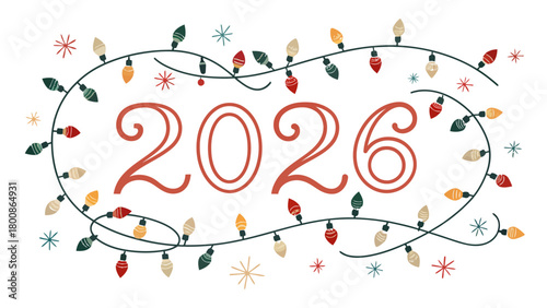 Celebrate the arrival of 2026 with festive lights and joyful anticipation, a cheerful holiday design for calendars, greetings, and seasonal promotions