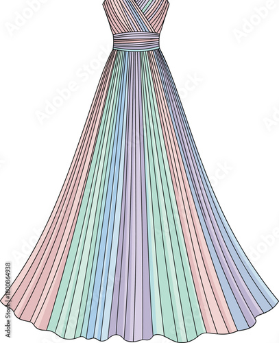Elegant strapless pastel pleated gown with crisscross bodice, formal fashion dress for bridal, prom, runway, or evening wear illustration.