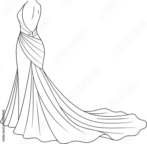 Elegant sleeveless bridal gown with deep V-neckline, draped waist, flowing train, fashion vector illustration for formal wedding dress design