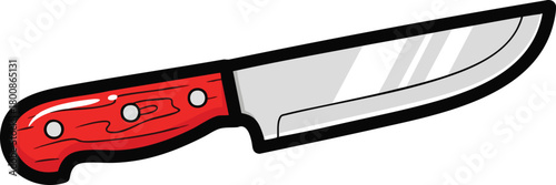 A red handled kitchen knife with a silver blade and black outline isolated on a white background
