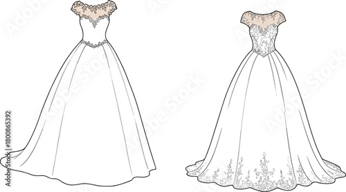 Elegant wedding dress illustration with lace bodice, flowing skirt, intricate embroidery, perfect for bridal fashion, wedding gown design, formal wear, and event decoration.