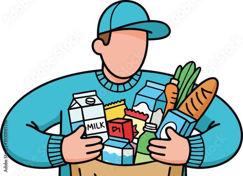 Delivery Person Holding Grocery Bag With Milk Bread Carrots And Other Food Items