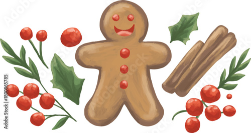 Gingerbread Man with Cinnamon and Holly | Festive Christmas Sweets Art
