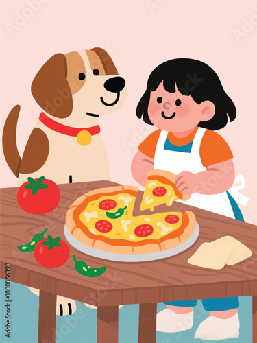 Little Girl With A Dog Eating Pizza Illustrator Artwork Design Template Poster