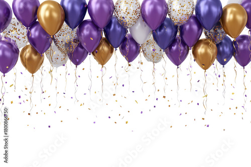 Purple Gold Balloons Confetti Falling Black Background Celebration image, Png, Isolated on Transparent Background, Cut Out