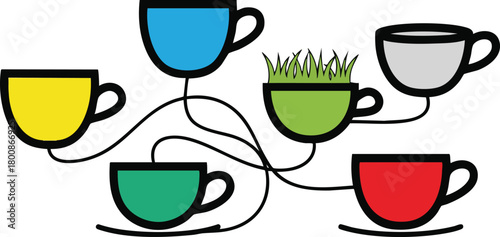 Assorted Colorful Coffee Cups Connected By Lines White Background Green Grass Filled Cup Unique Design