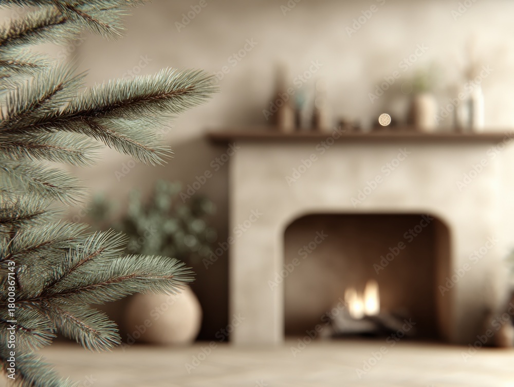 Naklejka premium Cozy Home Interior with Fireplace and Evergreen Branch for Winter Holiday Season