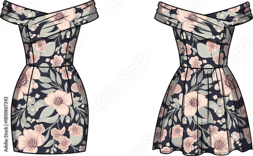 Floral Off-Shoulder Dress Vector with Fitted and Flared Skirts, Pink Beige Pattern for Fashion, Style, Garment, and Design Themes