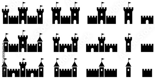 様々な形の城、砦、要塞アイコンのベクターイラストのセット