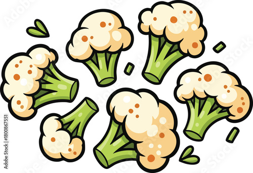 Hand drawn cauliflower florets scattered against a white background with green leaves and speckles