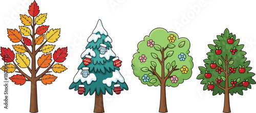 Four seasonal trees illustration with autumn leaves, winter snow, spring blossoms, and summer fruits, nature vector design for education, decoration, artwork