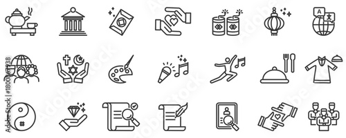 Culture line icon set vector illustration concept with icon of language, history, behavior, belief, ethnicity, music, food and culture universe icon set