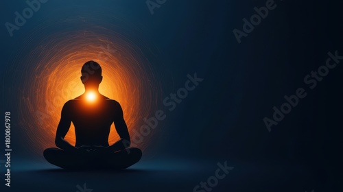 Wellness meditation positivity concept. Silhouette of a meditating figure radiating light in a dark background.