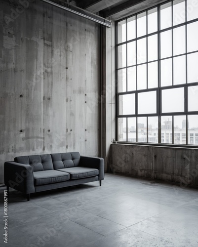 Modern loft interior with large industrial window and grey sofa offering spacious living area