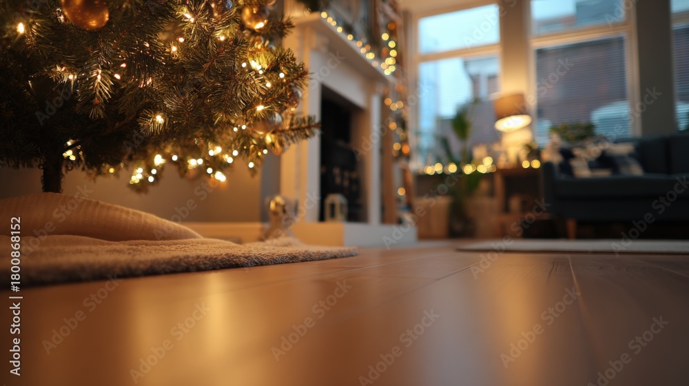 Fototapeta premium Cozy Christmas Living Room with Decorated Tree and Warm Lighting for Festive Holiday Season