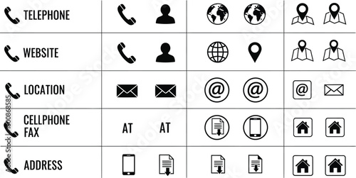 Black Contact Icons Set Phone, User, Globe, Map Pointer, Mail, Address, on White