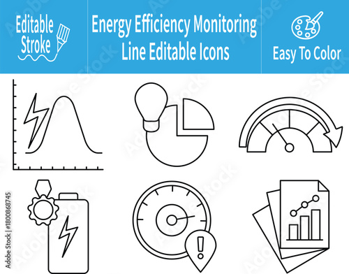 Energy Efficiency Monitoring Icon Sheet featuring trend analysis, smart usage breakdown, performance gauge, battery optimization, alert indicator, and data report insights. Editable stroke set