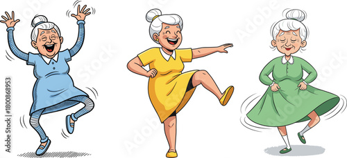 Happy elderly women dancing joyfully in colorful dresses, cheerful grandmothers enjoying life, funny cartoon characters expressing energy, happiness, laughter, movement