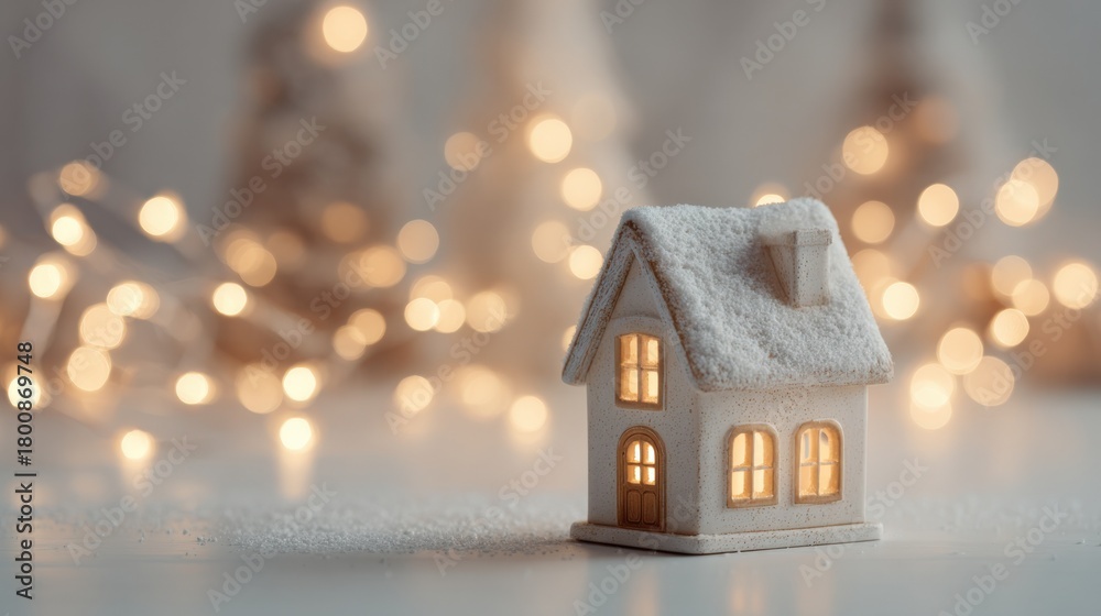 Naklejka premium Festive miniature house with bokeh lights background conveys warmth and holiday cheer, creating a magical ambiance