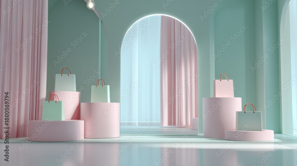 Fototapeta premium Pastel Shopping Bags on Display Podiums with Arched Background in a Fashionable Retail Setting