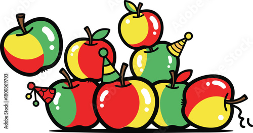 Colorful Apples with Party Hats and Streamers Against White Background
