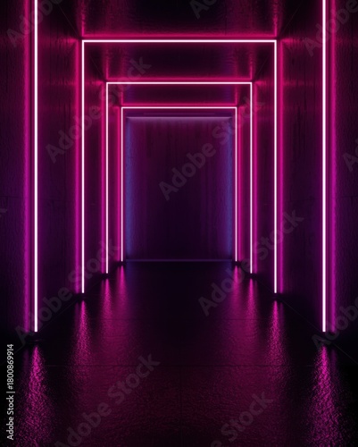 Neon illuminated corridor creating a futuristic and abstract tunnel with glowing purple lights