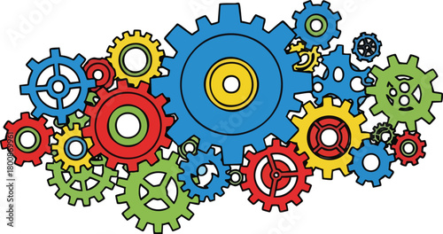 Colorful Interlocking Gears Mechanism Machine Part With Red Blue Yellow Green Colors