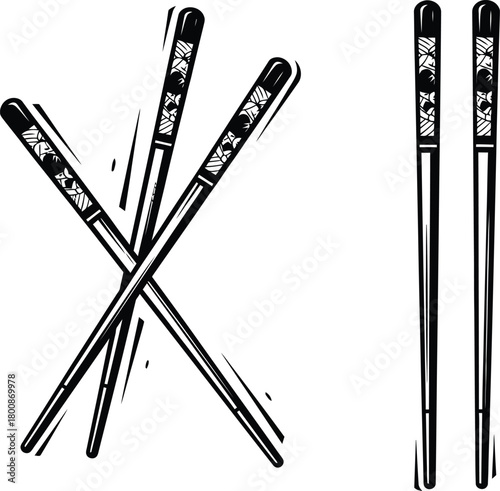 Black Decorative Chopsticks on White Background, Oriental Food Cutlery