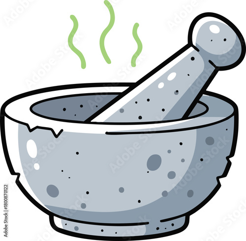 Stone Mortar And Pestle Emitting Green Steam Against White Background
