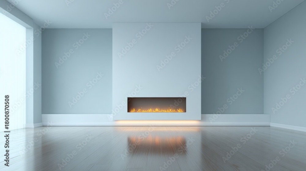 Naklejka premium Modern Living Room Interior with Minimalist Fireplace, Clean Design and Polished Wooden Floor in a Bright Room