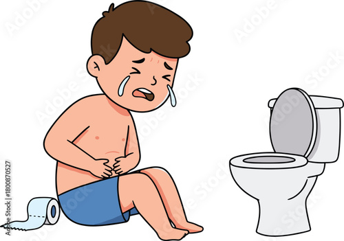 Sad boy with stomach pain sitting on bathroom floor near toilet, suffering from diarrhea or constipation, healthcare concept illustration